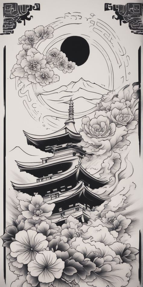 The image showcases a striking black and white Japanese tattoo in Neo-traditional style over a blank canvas. The solid black strokes blend seamlessly with intricate white lines, creating a visually engaging and artistic representation. Japanese Black Tattoo Design, Japanese Ink Painting Tattoo, Japanese Inspired Back Tattoos, Japanese Pencil Drawing, Japanese Tattoos Stencil, Full Sleeve Tattoos Women Japanese, Japanese Style Tattoo Art, Japanese Tattoo Temple, Neo Asian Tattoo