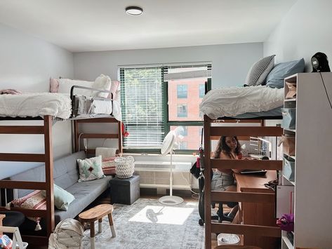 welcome to New River Hall! this is the layout of our new dorm!! so excited for freshman year!! Loft Bed With Couch, Bed With Couch, Lofted Dorm Beds, Dorm Bed, App State, New River, College Dorm Rooms, Freshman Year, Under Bed