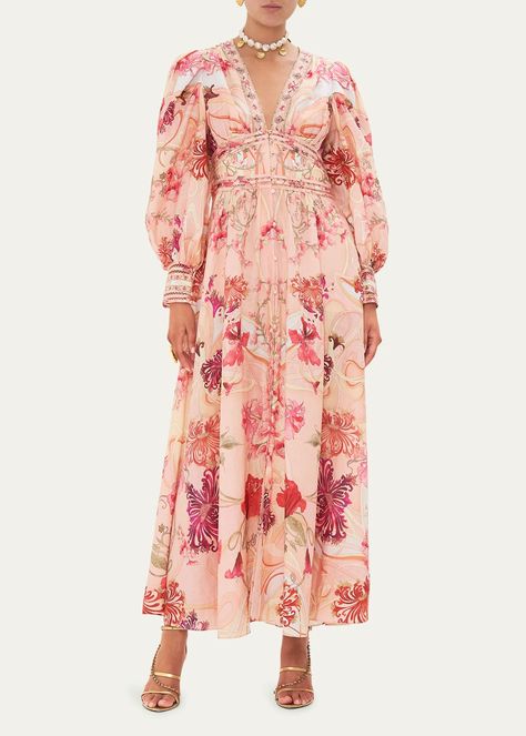 Camilla Floral Linen Shaped Waistband Maxi Dress - Bergdorf Goodman Camilla Dress, Romantic Floral Print, Gathered Sleeves, Sleeves Clothing, Linen Maxi Dress, Plunge Neckline, Linen Style, Luxury Silk, Silk Maxi Dress