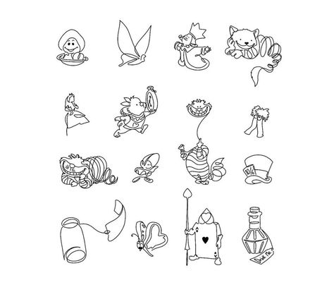 Disney Flash Sheet Tattoo, Mini Alice In Wonderland Tattoo, Disney Filler Tattoo Ideas Gap, Matching Alice In Wonderland Tattoos, Disney Tattoos Alice In Wonderland, Alison Wonderland Tattoos, Tiny Alice In Wonderland Tattoo, Alice In Wonderland Line Art, Tiny Disney Tattoos Simple