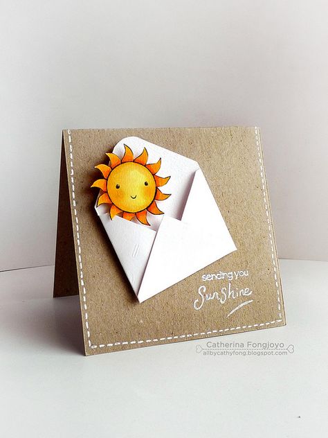 Sending you sunshine sentiment matched with an envelope and sweet watercolored sun popping out... Summer Cards, Encouragement Cards, Birthday Cards Diy, Penny Black, Get Well Cards, Card Tags, Creative Cards, Paper Cards, Simple Cards