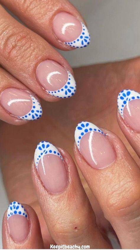 These blue and white french tip nails quite literally nail the coastal granddaughter aesthetic PERFECTLY. I am loving all of these summer nail ideas.   Photo by: @nailsbyswayz White French With Blue Dots, French Tip Blue Design, White And Blue Tip Nails, Cute French Tip Almond Nails, Nail Inspo Blue French Tip, White French Tip With Blue Dots, French Tip Nails With Blue Design, White French Tips With Blue Design, Blue Back To School Nails