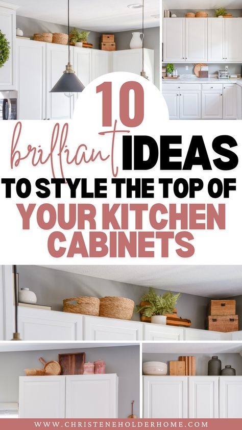 Looking for inspiration to spruce up the tops of your kitchen cabinets? Discover 10 creative and stylish ideas to transform that often-overlooked space! From elegant vases and greenery to unique collectibles and lighting, these budget-friendly tips will help you add a personal touch to your kitchen. Click now to explore and get inspired by the best ways to decorate the tops of your kitchen cabinets! Things To Put On Top Of Kitchen Cabinets, How To Decorate Kitchen Cabinets Tops, How To Decorate Top Of Kitchen Cabinets, What To Put Above Kitchen Cabinets, Decorating Over Kitchen Cabinets, Decor On Top Of Kitchen Cabinets, Ideas For Top Of Kitchen Cabinets, Above Cupboard Decor, Kitchen Cabinet Top Decor