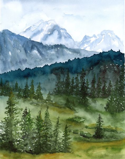 "\"Rolling Summer Mountain Hills\" This fine art print is a reproduction of my original watercolor landscape painting. Inspired by the beautiful Pacific Northwest, it features distant mountains behind a forest of evergreen trees and rolling green hills.  Bring the peaceful beauty of nature inside with this perfect additional to any home. PRINT ONLY (Mat & frame not included) ----------------------------------------------------------------- PRINT INFORMATION: - Printed in-house by me using a prof