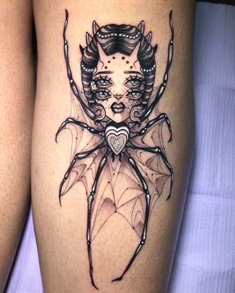 20 Looming Spider Tattoos You’ll Gladly Have Crawling On You - Body Artifact Flower Spider Tattoo, Spider Web Knee Tattoo, Spider Tattoo For Women, Patchwork Leg Sleeve, Candle Tattoo Design, Spider Tattoos, Teacup Tattoo, Scary Spider, Globe Tattoos