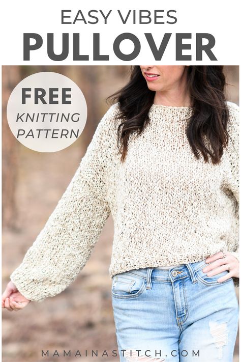 Easy sweater knitting pattern that features bubble sleeves! This is such a simple pattern to follow. I love that it's perfect for summer and spring too! Free knitting pattern available. via @MamaInAStitch Easy Pullover Knitting Pattern, Easy Knitted Jumper Pattern Free, Chunky Jumper Knitting Pattern Free, Simple Knit Sweater Pattern Free, Chunky Sweater Knitting Patterns, Easy Sweater Knitting Patterns Free, Hand Knitted Sweaters For Women Free Pattern, Easy Knit Sweater Pattern Free, Beginner Sweater Knitting Pattern