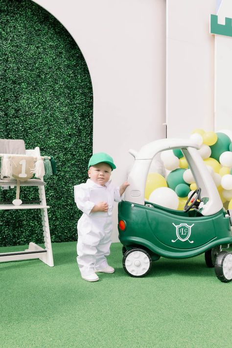 Masters Theme Balloon Arch, Little Tykes Coupe Golf Cart, Golfing Birthday Party, Smash Cake Golf Theme, Hole In One Decorations, Masters Birthday Party Baby, Putt Putt Birthday Party, Masters Themed 1st Birthday Party, First Birthday Masters Theme