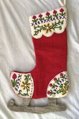 Christmas Wool Red Stocking With Skate By Fair Trade NWT | eBay Homemade Felt Stocking, Embroidered Christmas Stocking Diy, Christmas Stocking Hooks, Scandinavian Stockings Christmas, Scandinavian Christmas Stocking, Christmas Stocking Vintage, Homemade Stockings Christmas Diy, Vintage Stockings Christmas, Felt Christmas Stockings Diy