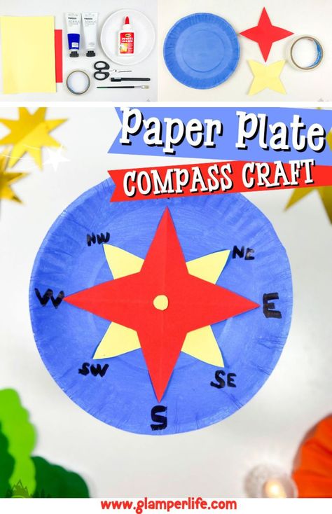 Preschool Geography Crafts, Kindergarten Compass Craft, Make A Compass Craft, Geography Crafts For Preschoolers, Map Crafts For Preschool, The Great Outdoors Crafts Preschool, Camping Themed Art For Kids, Geography For Preschool, Sea Travel Crafts For Preschool