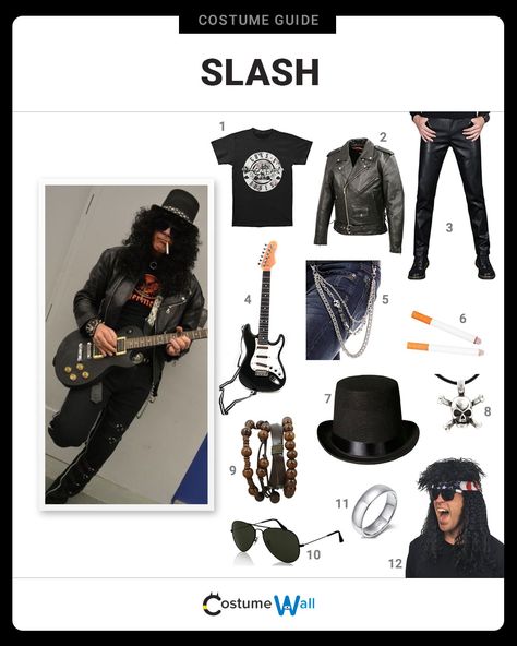 Rock the stage in style as Slash, the legendary Guns n’ Roses guitarist and solo musician. Slash Costume Female, Rock Halloween Costumes Women, Slash Halloween Costume, Musician Costume Ideas, Rockstar Costume Women, Music Halloween Costumes, Rockstar Halloween Costume, Slash Costume, Slash Style