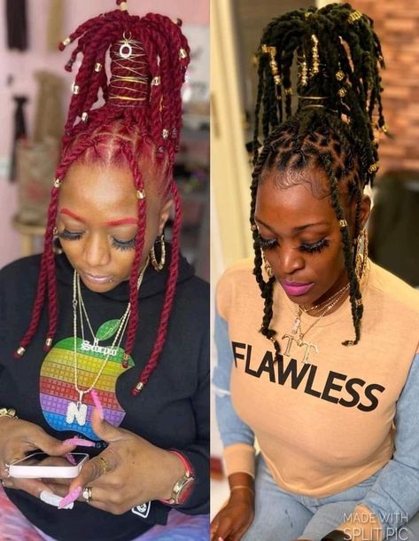 Genie Ponytail Locs, Palm Tree Ponytail Locs, Female Loc Updo Styles, Pineapple Updo With Locs, Pineapple Ponytail Loc Style, Up Do Dreadlocks Styles For Women, African Loc Styles, Loc Pineapple Style, Up Down Loc Styles