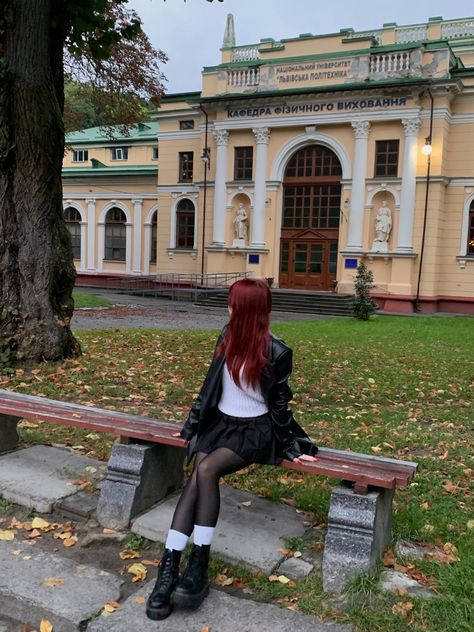 Red Haired Outfits, Red Hair With Outfits, Cute Outfits With Red Hair, Red Hair Street Style, Lana Core Aesthetic Outfit, Red Hair Looks Outfits, Cherry Style Outfit, Dark Red Girl Aesthetic, Cherry Red Girl Aesthetic