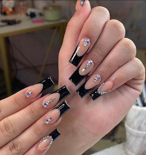 Long Black French Tip Nails With Gems, Black Acrylic Nails With Rhinestones Bling, Black Acrylics With Gems, Black French Tip Gems, Black French Tip Nails Coffin With Gems, Black Nail Designs With Gems, Coffin Acrylic Nails With Rhinestones, Black Frenchies With Rhinestones, Black French Nails With Rhinestones