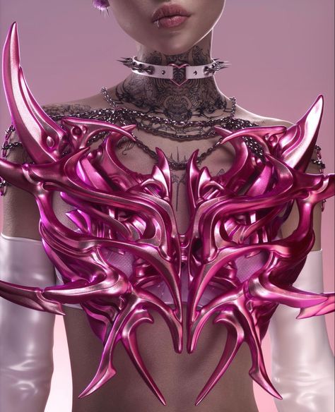 Cybersigilism Outfit, Pink Cyberpunk Outfit, Drag Outfit Ideas, Futuristic Medieval, Chrome Clothes, Pink Futuristic, Pink Armor, Biomechanical Art, Y3k Outfits