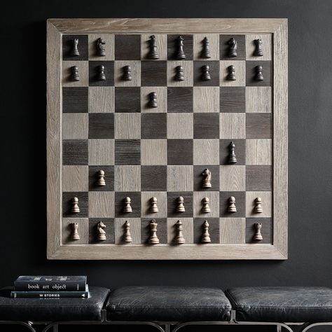 A massive wall-mounted vertical chess board with magnetized chess pieces that turns a classic board game into full blow interactive wall art. Vertical Chess Board, Easy Weekend Projects, Wall Game, Rh Rugs, Interactive Walls, Classic Board Games, Medicine Cabinet Mirror, Chess Game, Modern Shop