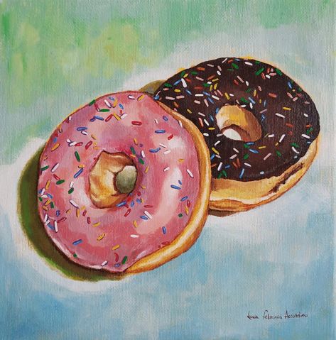 'Donuts' hand painted with acrylics on canvas, 20 x 20 cm. Signed front and back. Sent with certificate of authenticity. Artist: Lucia Febronia Accordino  Perfect gift idea for foodies, food lovers, food blogger, bartender, for to furnish the kitchen or a bar/pastry. The painting is not framed. The colours may vary slightly due to different computer monitors. E-mail: luciafebronia@gmail.com  Instagram: @luciafebronia  Facebook: Lucia Febronia Accordino Canvas Painting Ideas Pop Art, Cooking Painting Art, Acrylic Painting Ideas Food, Donut Painting Acrylic, Breakfast Illustration Food, Cute Food Paintings, Food Art Painting Acrylic, Food Acrylic Painting, Food Painting Acrylic