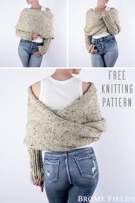 multiple pics of a Sweater Scarf with Sleeves on a model Wrap Shrug Knitting Pattern, Scarves With Sleeves, Shawl Sweater Knitting Patterns, Wrap Scarf With Sleeves, Knit Sweater Scarf Pattern, Knitted Scarf With Sleeves, Gilet Knitting Patterns Free, Sweater Scarf Knitting Pattern, Crochet Scarf Sweater