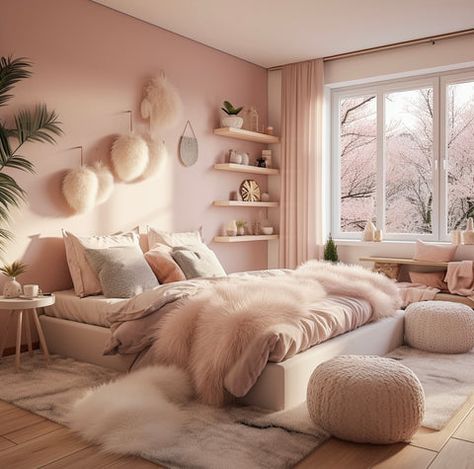 Teenage Pink Bedroom, Bedroom Ideas Girls Teenage, Small Teenage Girl Bedroom, Blush Bedroom Ideas, Pastel Pink Bedroom, Room Teen Girl, Pastel Bedroom Ideas, Girls Bedroom Lighting, Minimalist Room Decor