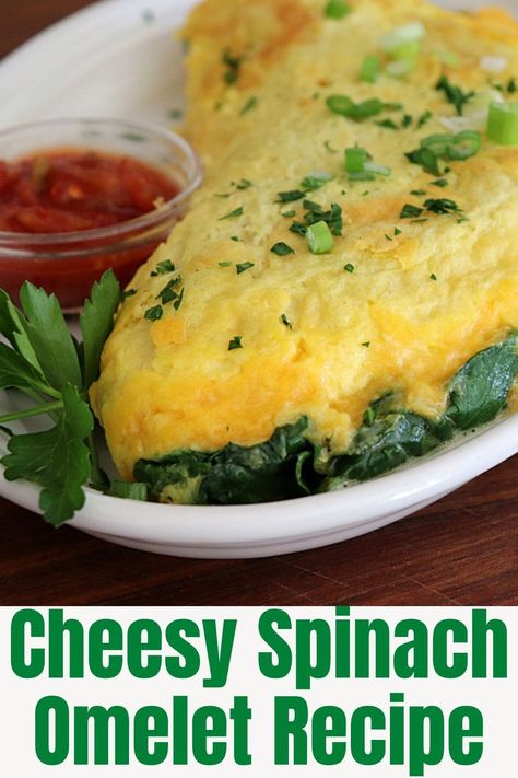 Plate with puffy cheesy spinach omelet and a side of mild salsa. Easy Spinach Recipes, Spinach Omelette, Spinach Omelet, Cheese Omelet, Cheesy Spinach, Egg Omelet, Omelets Recipe, Chunky Salsa, Spinach Egg