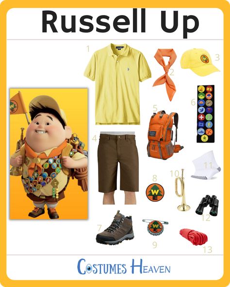 Wilderness Explorer Disneybound, Diy Russell From Up Costume, Adventure Costume Ideas, Russell Up Costume Diy, Russell Halloween Costume, Carl From Up, Disney Up Costume Ideas, Disfraz Boy Scout, Diy Up Costume