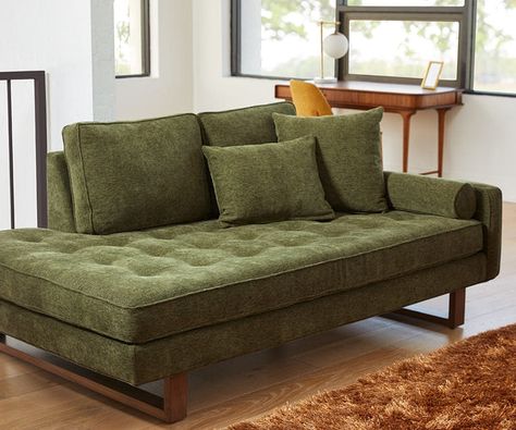 Sofas + Sectionals - Dania Furniture Chaise Lounge Mid Century Modern, Chaise Chair Bedroom, Green Chaise Sofa, Comfortable Sofas Living Room Modern, Mid Century Modern Chaise, Mid Century Green Couch, Mid Century Boho Decor, Olive Office, Olive Green Sofa