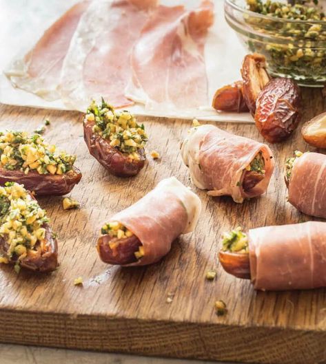 Prosciutto Wrapped Dates, Wrapped Dates, Stuffed Dates, Stuffed Grape Leaves, Prosciutto Wrapped, America's Test Kitchen Recipes, Americas Test Kitchen, Finger Food Appetizers, Easy Appetizer Recipes