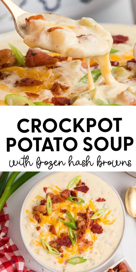 Crockpot Potato Soup with Frozen Hash Browns : Heart's Content Farmhouse Crock Pot Potato Soup Hashbrowns, Potato Soup With Yellow Potatoes, Diced Potato Soup Crock Pot, Potato Soup With Southern Style Hashbrowns, Potato Obrien Soup, Crockpot Recipes Hashbrown Potato Soup, Potato Soup Made With Frozen Shredded Hashbrowns, Cheesy Hashbrown Soup Crock Pot, Frozen Diced Potato Soup