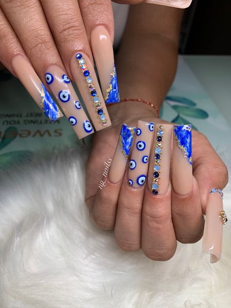 Short Acrylic Nails Coffin Evil Eye, Evil Eye Coffin Acrylics, Turkish Eye Acrylic Nails, Royal Blue Nails Evil Eye, Red Evil Eye Nails, Long Square Acrylic Nails Evil Eye, Ojo Nails, Nike Rosa, Bright Acrylic Nails