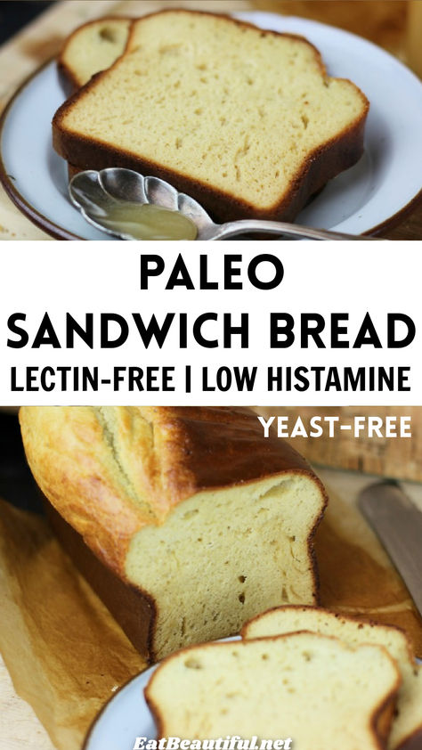 Full of protein and excellent for toast, Paleo Sandwich Bread is also super fast to make. Just 10 minutes, and 6 simple ingredients. | lectin free | low histamine | yeast free | grain free | gluten free Paleo Sandwich Bread Recipe, Paleo Sandwich Bread, Paleo Sandwich, Ground Chia, Cassava Flour Recipes, Paleo Bread Recipe, Best Low Carb Bread, Paleo Breads, Resistant Starch