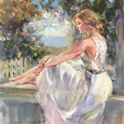 Anna Razumovskaya Limited Editions "Victorian Dreams 2" - Featured Artist - Vinings Gallery Oil Painting Romantic, Anna Razumovskaya, Painting Romantic, Bridal Art, Oil Painting Pictures, White Silk Dress, Dress Painting, Spring Morning, Prints On Canvas