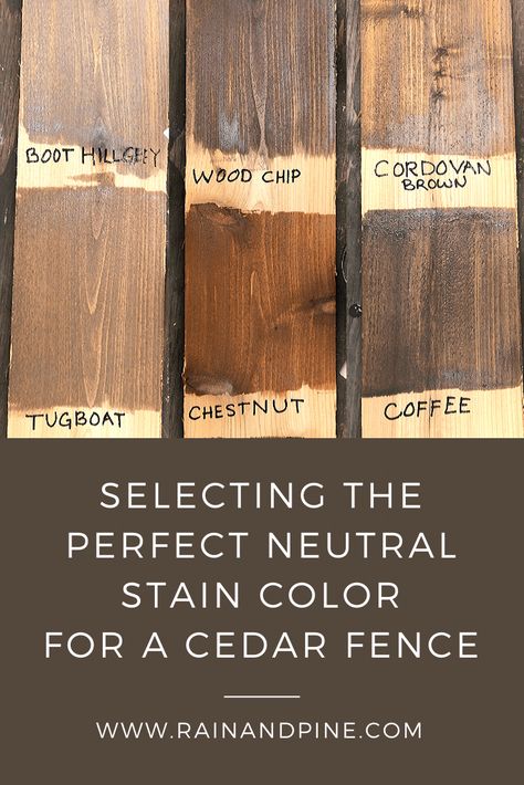 Selecting the Perfect Neutral Stain Color for a Cedar Fence - A comparison of 6 popular Behr semi-transparent fence and deck stain colors: Boot Hill Grey, Tugboat, Wood Chip, Chestnut, Cordovan Brown, and Coffee, applied to raw cedar boards. We tested these colors to choose just the right soft neutral color for our DIY horizontal privacy fence. - Rain and Pine Cedar Fence Stain, Horizontal Privacy Fence, Exterior Wood Stain Colors, Exterior Stain Colors, Neutral Stain, Deck Stain Colors, Boot Hill, Cedar Stain, Semi Transparent Stain