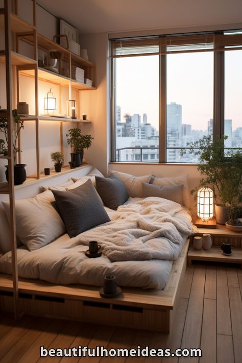 Japanese And Scandinavian Design Bedroom, Micro Bedroom Design, Minimalist Student Room, Japandi Bedroom Apartment, Minimalism Room Ideas, Cozy Japandi Bedroom, Japanese Boho Bedroom, Living Room With Bedroom In One, Minimal Apartment Bedroom