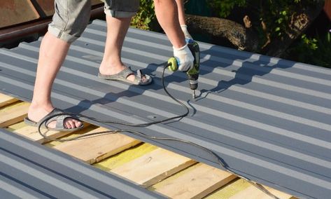 Installing metal roofing on a shed Shed With Metal Roof, Shed Metal Roof, Installing Metal Roofing, Metal Roof Over Shingles, Diy Metal Roof, Metal Roof Construction, Metal Shed Roof, Metal Roof Panels, Black Metal Roof