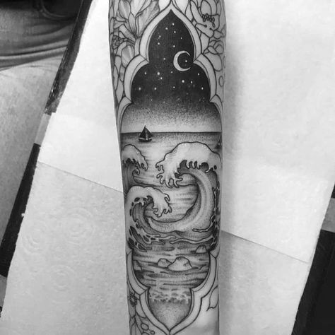 wave-ocean-scenery-tattoo-clarawelshtattoos Ocean Waves Tattoo Sleeve, Sea Inspired Sleeve Tattoo, Mirror Ocean Tattoo, Ocean Wave Tattoo Sleeve, Ocean Calf Tattoos For Women, Sea Shore Tattoo, Ocean Shin Tattoo, Black And White Ocean Sleeve Tattoo, Geometric Ocean Tattoo Design