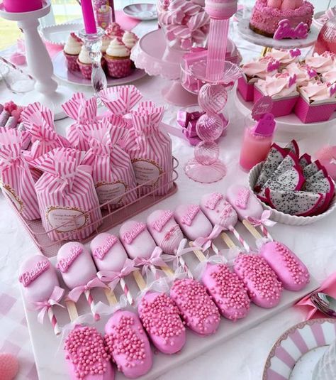 20+ Epic Ideas for an Adult Night of BARBIE Glam and Fun Barbie Pink Party Decorations, Barbie Sweets Table, Barbie Candy Bar Ideas, Barbie Dessert Table, Barbie Birthday Party Ideas Decoration, Barbie Party Food, Pink Party Foods, Barbie Party Decorations, Barbie Theme Party