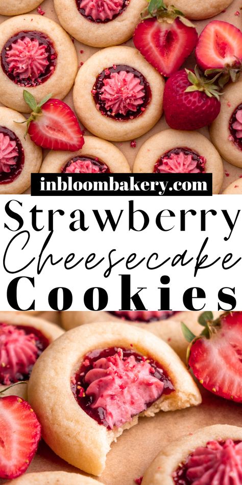 Cookies With Fruit On Top, Strawberry Party Cookies, Strawberry Deserts Ideas, Strawberry Baking Recipes, Unique Baking Recipes, Strawberry Jam Desserts, Cute Dessert Recipes, Best Strawberry Cheesecake, Strawberry Cheesecake Filling