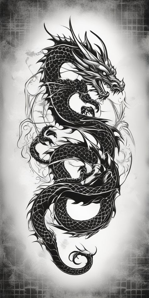 A stencil-style dragon tattoo design, starkly presented in monochrome black and white, positioned dominantly over a blank canvas. The intricate details and curves of the mythical beast are expertly captured. Ancalagon The Black Tattoo, Polynesian Dragon Tattoo, Ichibay Tattoo, Dark Dragon Tattoo, Dragon Tattoo Ideas For Men, Dragon Stencil, Dragon Tattoo Shoulder, Side Body Tattoo, Samurai Tattoo Sleeve