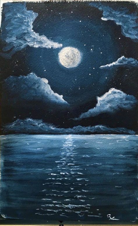 Moon Over The Ocean Painting, Ocean Clouds Painting, Moonlit Ocean Painting, Night Skies Drawing, Night Ocean Painting Acrylic, Moon And Water Painting, Moon And Beach Painting, Water Scenery Drawing, Moon Sea Painting