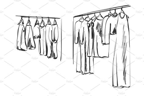 Clothes Rack Drawing, Clothes Hanger Drawing, Clothing Rack Drawing, Internship Illustration, Outfit Planning App, Hanger Drawing, Wardrobe Sketch, Sketch Furniture, Intermediate Drawing