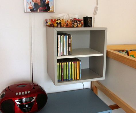 EKET CD rack: How to add a shelf to the cube 4 Eket Bedroom, Cube Ikea, Ikea Eket, Cd Rack, Kura Bed, Bedroom Nightstand, Small Bedside, Cabinet Fronts, Bookcase Design