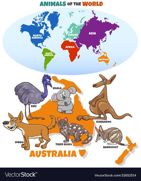 World Map With Continents, Geography Kids, European Animals, World Map Continents, Cartoon Map, Australian Maps, Geography For Kids, Australian Continent, Educational Illustration