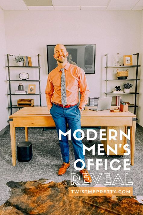 This modern men's office space is the perfect mix of masculine and functionality. The Article's Madera Desk is the perfect foundation piece for this modern office. www.twistmepretty.com Rustic Modern Office Decor, Mens Office Ideas Business, Mens Modern Office, Man's Office Decor Ideas, Office Ideas For Men Rustic, Mens Office Decor At Work, Men’s Work Office Ideas, Men’s Office Ideas, Masculine Office Design