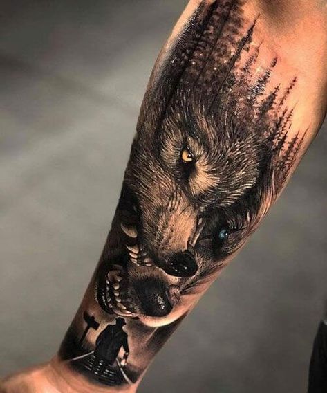 25 Wolf Forearm Tattoo Ideas For Men & Women | PetPress Tato Mata, Tato Lengan Bawah, Wolf Tattoo Forearm, Wolf Tattoos Men, Animal Sleeve Tattoo, Sleeve Tattoos For Men, Wolf Tattoo Sleeve, Men Tattoos Arm Sleeve, Cross Tattoos