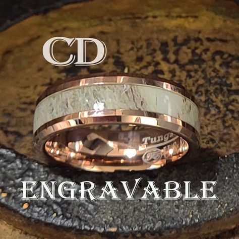 Engraved Men's Real Rose Gold Tungsten Wedding Ring - Deer Antler Inlay 14k Rg This Is Real Tungsten Coated In 14k Rose Gold. The Outer Band Has A Deer Antler Inlay. Every Ring Will Be Unique As The Antler Will Have A Different Pattern On Every Ring. This Ring Is Heavy And Not Light-Weight Like Some Of The Fake Tungsten Rings Some People Sell. Will Not Tarnish Or Turn Your Finger Green. How To Send What You Want To Be Engraved. Once You Purchase A Ring, Go To Orders And Click On The Order For Th Black Ring Box, Gold Coat, Rose Gold Tungsten, Tungsten Rings, Tungsten Wedding Rings, Real Rose, A Deer, Deer Antler, Mens Leather Bracelet