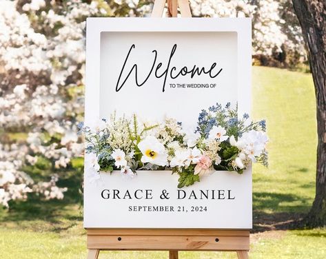 Flower Box Welcome Sign - Etsy Flower Box Welcome Sign, Plexiglass Sign, Cake Wreath, Royal Birthday Party, Engagement Decoration, Purple And Silver Wedding, Book Centerpieces, Floral Wedding Sign, Welcome Flowers