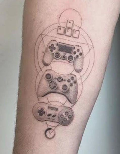 Nintendo Joystick, Marvel Tattoo Ideas, Computer Tattoo, Super Mario Tattoo, Nintendo Tattoo, Partner Tattoos, Video Game Tattoos, Mario Tattoo, Stick Tattoo