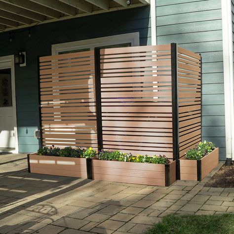 Enclo 6 ft. Tall Florence Freestanding Woodtek Vinyl Privacy Screen with Planter Box (1 Screen) & Reviews | Wayfair Neighborhood Backyard Ideas, Wooden Privacy Wall, Diy Privacy Screen Outdoor, Wooden Technology, Modern Privacy Screen, Patio Privacy Fence, Diy Privacy Wall, Privacy Wall Outdoor, Wooden Privacy Screen