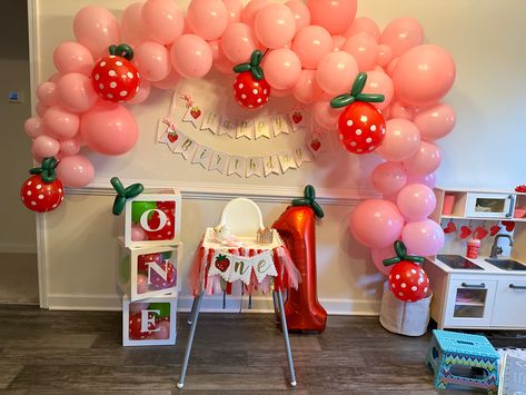 Berry 1st Birthday Dessert Table, Berry First Birthday Snacks, Berry Sweet One First Birthday Food, My Berry First Birthday Food, Berry First Birthday Party Food Table, Strawberry Kids Party, Berry 1st Birthday Party Decorations Diy, My Berry First Birthday Centerpieces, Strawberry First Birthday Theme Decor