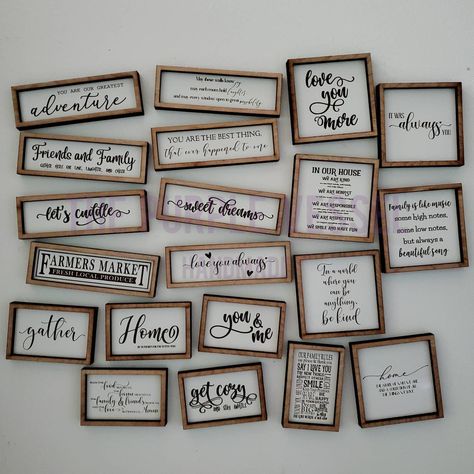 "-This listing is for your choice of 20 different designs/phrases of miniature wood framed signs.  Check out my shop for other miniature sign options. -Price listed is for 1 miniature wood that is solid white with a wood framed sign and includes free first class mail shipping.  If purchasing more than 1, just select multiple options in the drop down box at checkout.  Please note: you may purchase multiple signs, but unless we are notified otherwise, they will all have the same color stained fram Word Blocks, Smallwoods Signs, Word Block, Miniature Sign, Bless The Food, Painted Wood Signs, Wood Frame Sign, Theme Color, Farmhouse Sign