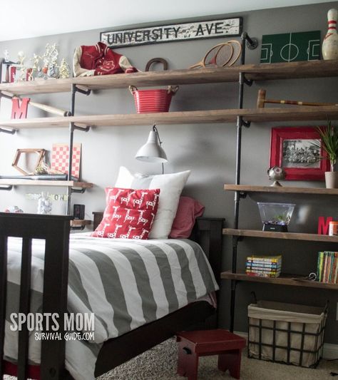 Vintage Sport Theme Kid's Room Industrial Shelves, Sport Bedroom, Kids Headboard, Sports Room, Diy Headboard, Big Boy Room, Boys Bedrooms, Boy's Bedroom